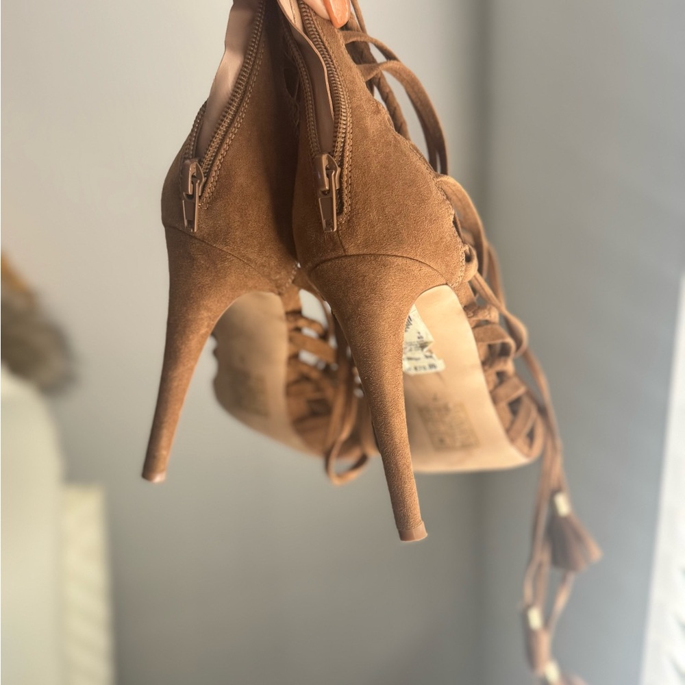 Tan Faux Suede Strappy Sandal Heels
